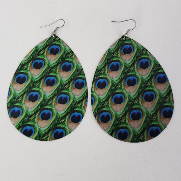 Peacock Feather Print Drop Shape Metal Dangle Earrings - Picture 1 of 6
